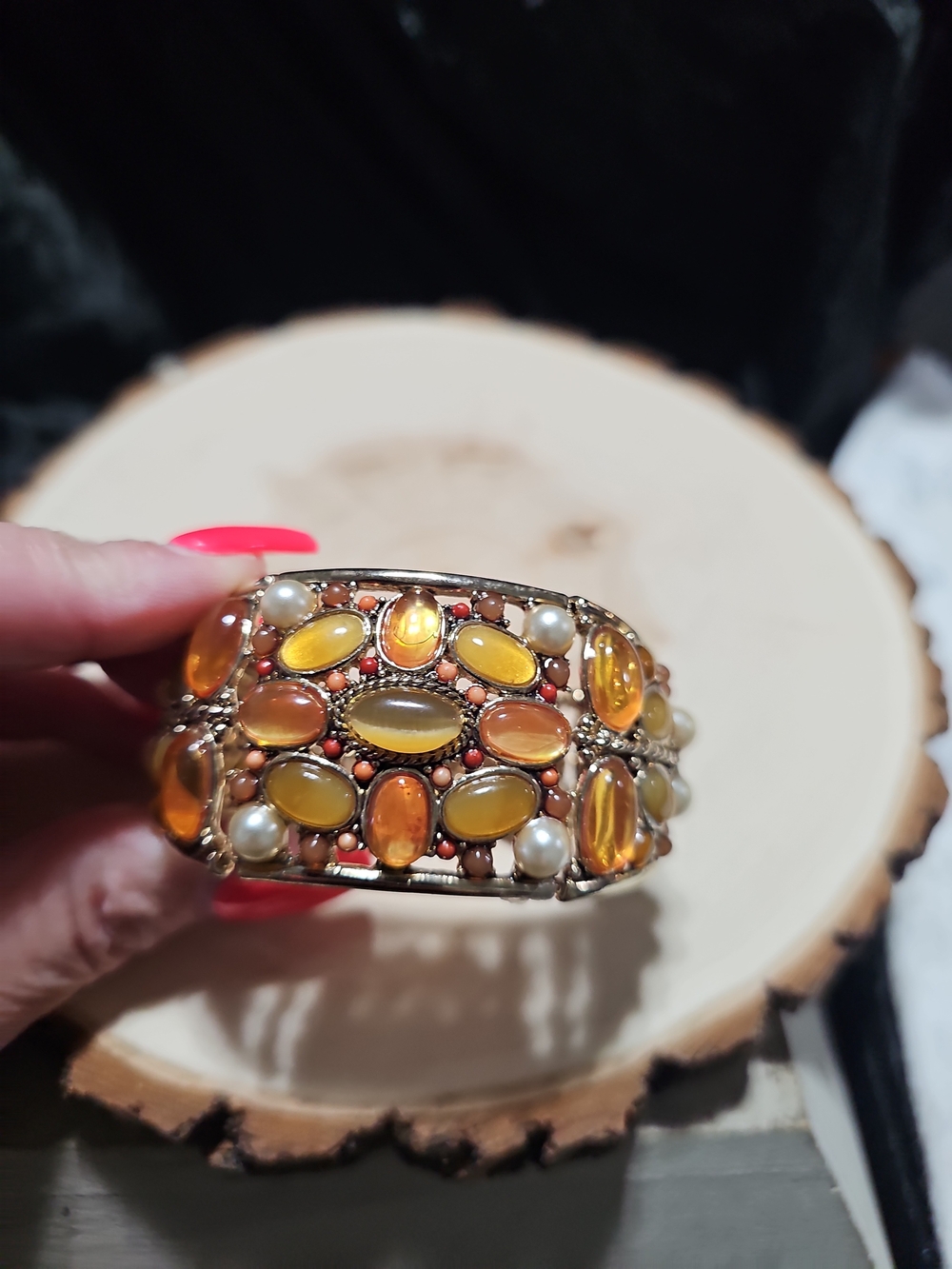 Elegant Gold-Tone Amber Cabochon Multi-Stone Cuff Bracelet